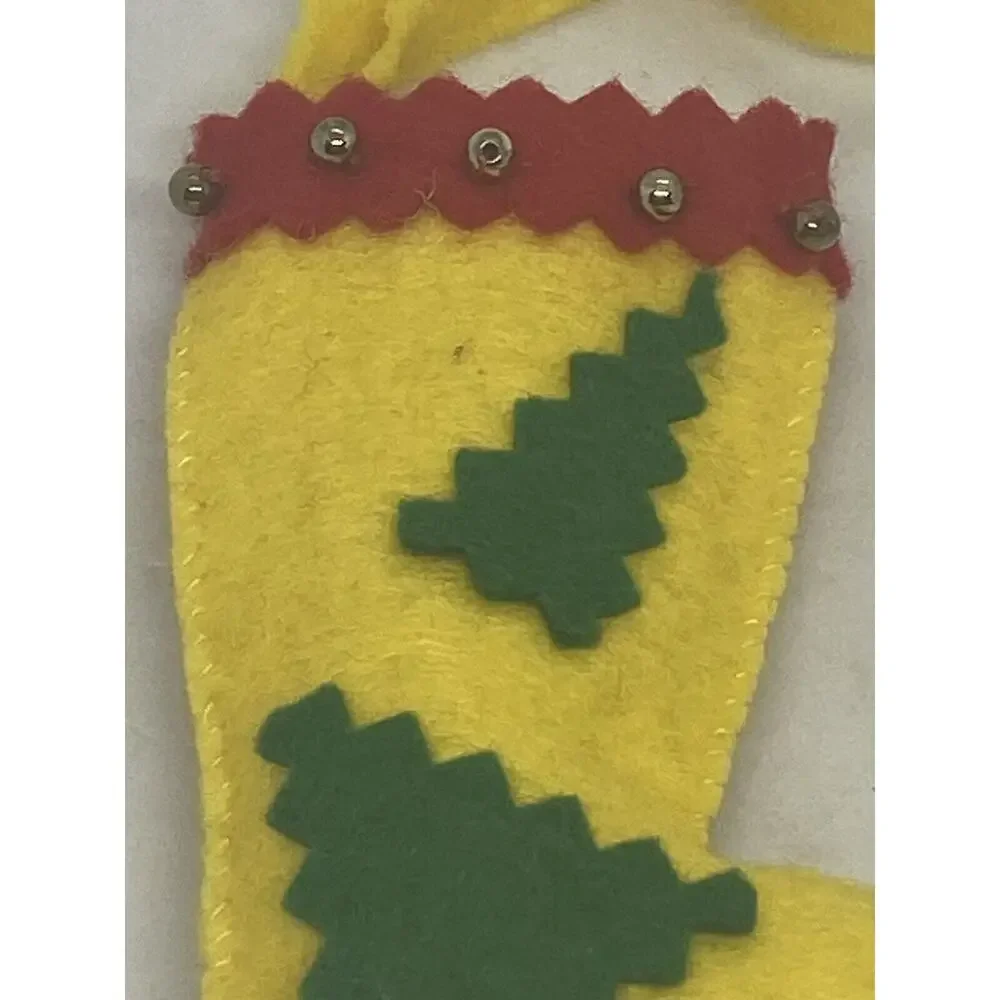 Vintage Christmas Stocking 3 1/2” Felt Yellow Red Green Beads Tree Holiday Gift